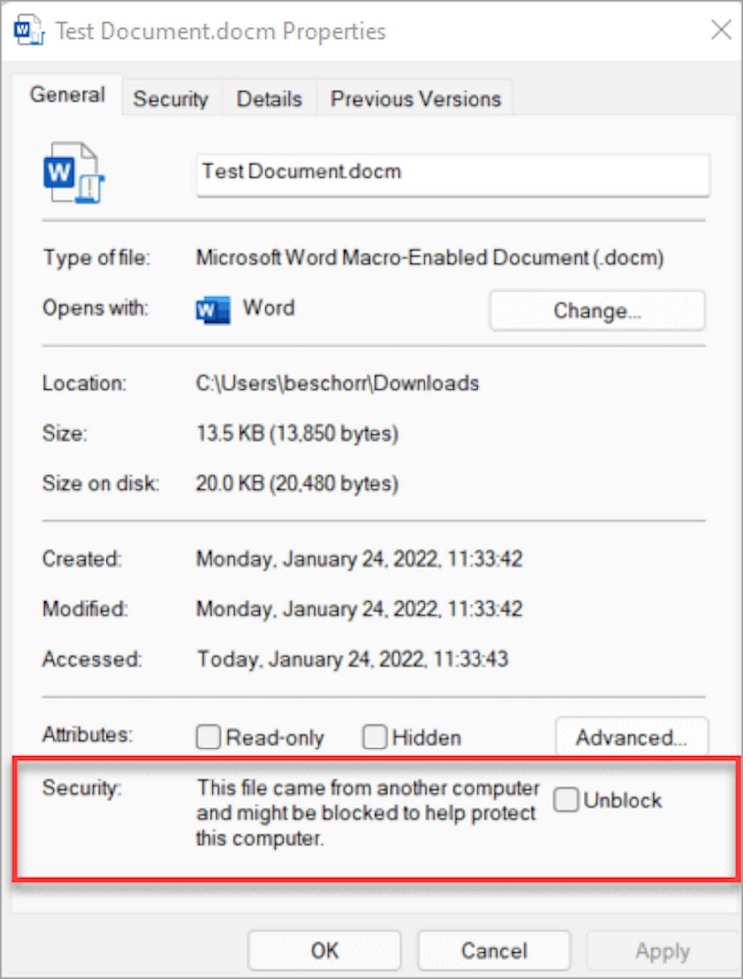 Fjern blokkeringen: Fjern blokkering i filens egenskaper